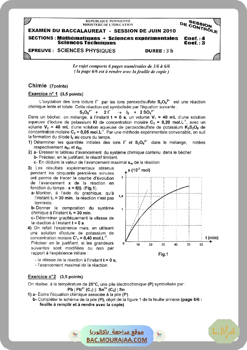 Sujet controle physique Bac 2010 – Section math